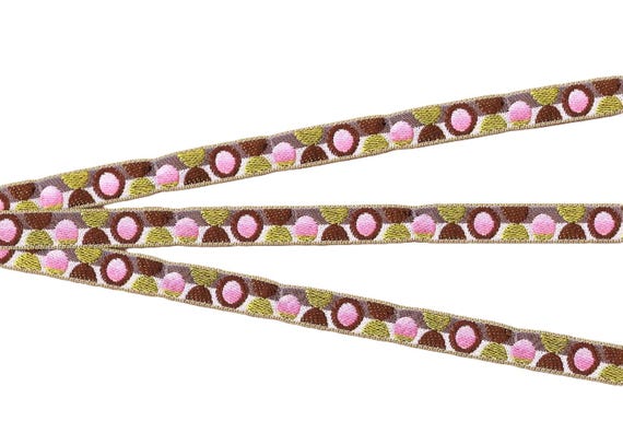 POLKA DOTS B-21-F Jacquard Ribbon Poly Trim 1/2" wide (13mm) RARE Made in France, Lime Green, Pink & Brown Mod Retro Polka Dots