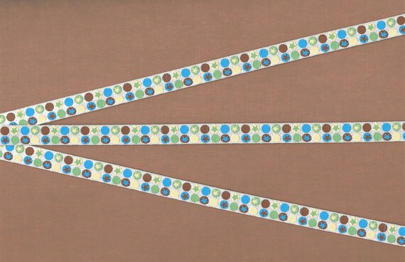 GEOMETRIC A-19-B Jacquard Ribbon Poly Trim, 3/8" Wide (9mm) Ivory Background w/Brown, Blue, Lime and Burgundy Dots & Stars