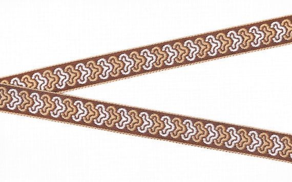 GEOMETRIC E-14-A Jacquard Ribbon Cotton Trim 13/16" wide (20mm) VINTAGE Brown Background with White & Beige Abstract Design