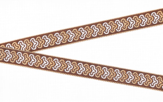 GEOMETRIC E-14 Jacquard Ribbon Cotton Trim, 13/16" Wide, Brown Background with White & Beige Design, Per Yard