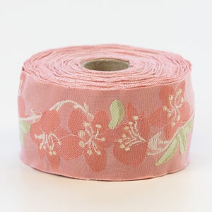 KAFKA H-06/10 Jacquard Ribbon Woven Organic Cotton Trim 1-5/8&quot; wide (40mm) Apricot w/Dk Peach Cherry Blossoms, White Branches, Green Leaves