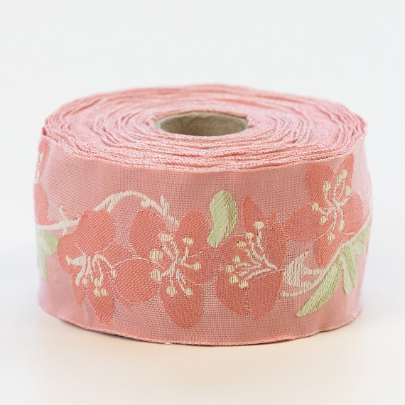 KAFKA H-06/10 Jacquard Ribbon Woven Organic Cotton Trim 1-5/8" wide (40mm) Apricot w/Cherry Blossoms Green Leaves Ivory Branches