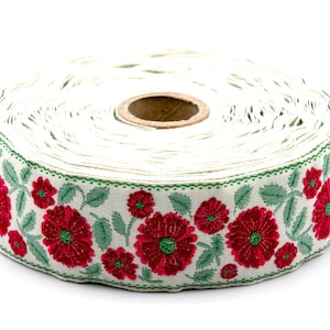 KAFKA G-31/03 Jacquard Ribbon Woven Organic Cotton Trim 1-1/4&quot; wide (32mm) Ivory Background w/Variegated Red Wild Roses, Green Leaves