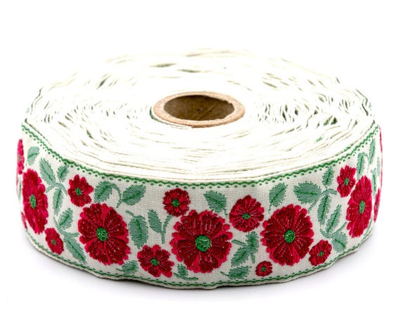 KAFKA G-31/03 Jacquard Ribbon Woven Organic Cotton Trim 1-1/4" wide (32mm) Ivory Background w/Variegated Red Wild Roses, Green Leaves