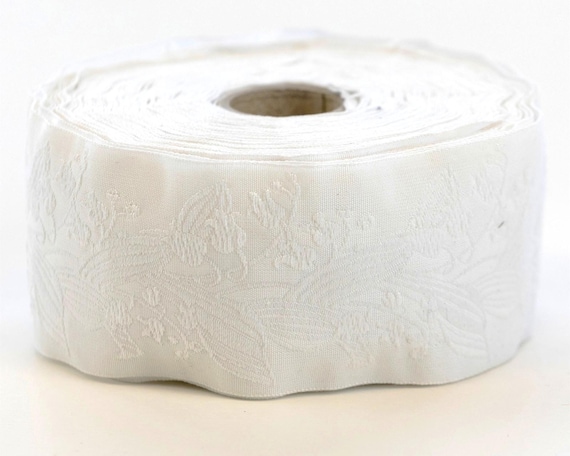 KAFKA H-02/30 Jacquard Ribbon Woven Organic Cotton Trim 1-1/2" wide (38mm) Wedding White Background w/Embossed White Lilies of the Valley