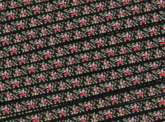 FLORAL A-05-B Jacquard Ribbon Polyester Trim 5/16" wide, Made in France, Black w/Pink & Red Flowers, Variegated Green Leaves