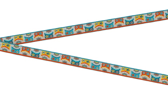 ANIMALS/Birds B-04-A Jacquard Ribbon Poly Trim 1/2" wide (13mm) FARBENMIX Made in Germany, Multi-Colored Owl Faces on Gray