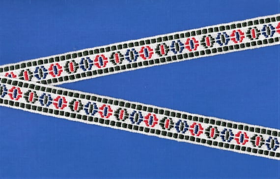 NATIVE AMERICAN E-15-B Jacquard Ribbon Cotton Trim, 7/8" Wide (22mm) White Background Dark Green Borders Red, Blue & Dark Green, Per Yard