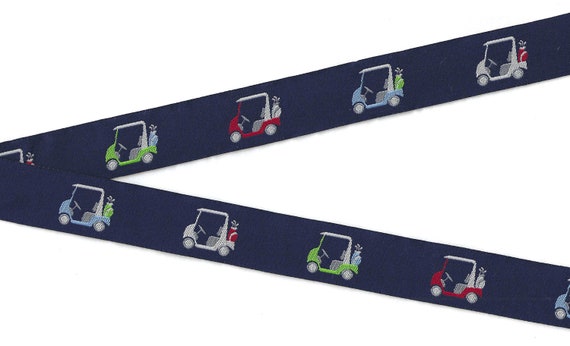 SPORTS/Golf E-01-E Jacquard Ribbon Poly Trim 7/8" wide (22mm) Navy Background w/Multi-Colored Golf Carts & Golf Bags, REMNANTS