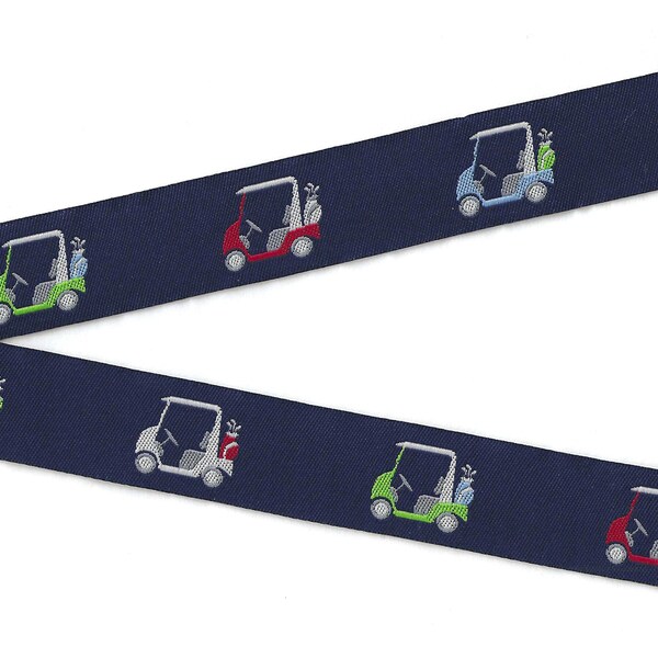 SPORTS/Golf E-01-E Jacquard Ribbon Poly Trim 7/8" wide (22mm) Navy Background w/Multi-Colored Golf Carts & Golf Bags, REMNANTS