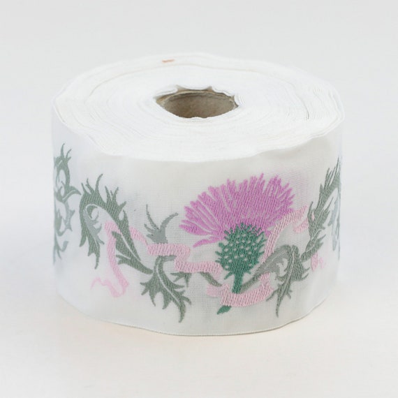 KAFKA K-01/11 Jacquard Ribbon Woven Organic Cotton Trim 2" wide (50mm) Off-White w/Rose Pink Thistles, Lt Pink Ribbons, 2-Tone Green Leaves