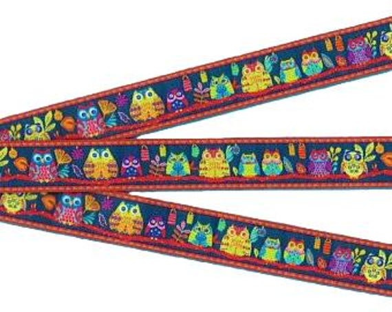 ANIMALS/Birds E-05-A Jacquard Ribbon Poly Trim 7/8" wide (22mm) Odile Bailloeul Happy Bright Design "Midnight Blue Forest Owls"