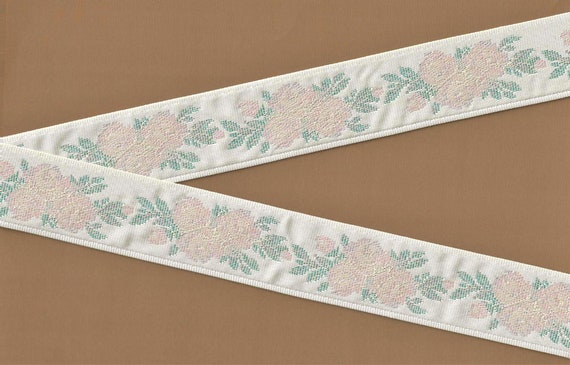 FLORAL TAPESTRY H-53-B Jacquard Ribbon Poly Trim, 1-1/2" Wide (38mm) "Petit Point" Design in Ivory w/Peach Roses & Green Leaves