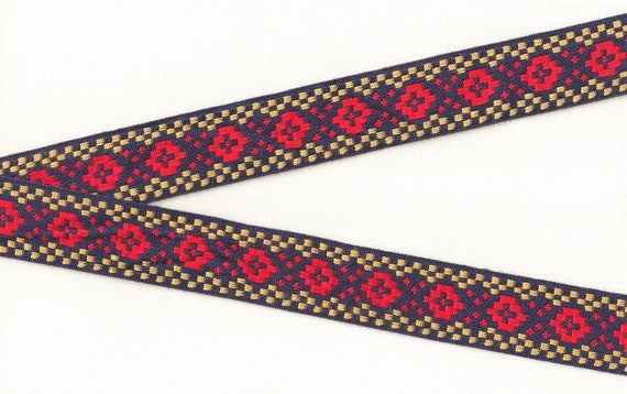 NATIVE AMERICAN F-36-A Jacquard Ribbon Cotton Trim 1-1/16" wide Navy Blue, Yellow & Red Southwest Tribal Design, Per Yard