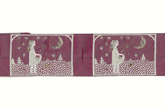 KAFKA H-09/09 Jacquard Ribbon Organic Cotton Trim 1-5/8" wide (42mm) "Starcatcher" in Burgundy & Beige, Metallic Gold