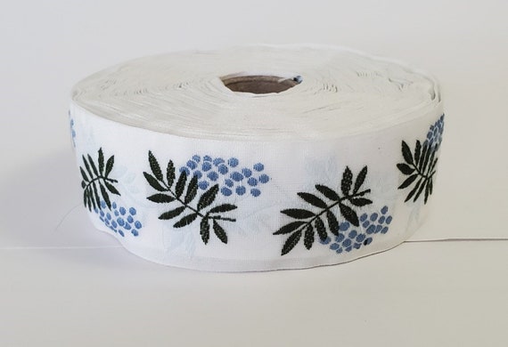 KAFKA G-05/101 Jacquard Ribbon Woven Organic Cotton Trim 1-1/4" wide (32mm) White w/Lt Blue & Blue Berries, Green Leaves