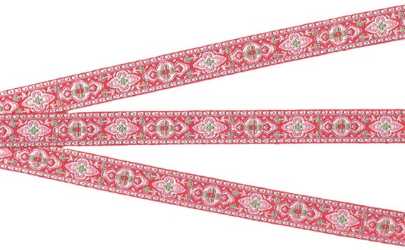 GEOMETRIC C-06-D Jacquard Ribbon Poly Trim 5/8" wide (16mm) Red w/Pink Renaissance Design