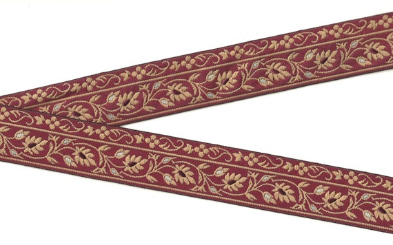 FLORAL G-11-C Jacquard Ribbon Polyester Trim 1-3/8" wide (34mm) Made in France Burgundy w/Beige Scrolls/Leaves, Brown/White/Gray Accents