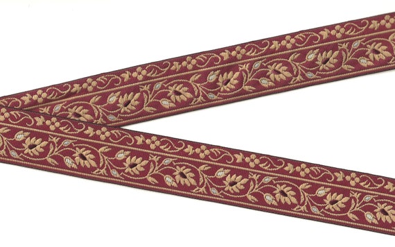 FLORAL G-11-C Jacquard Ribbon Polyester Trim 1-3/8" wide (34mm) Made in France Burgundy w/Beige Scrolls/Leaves, Brown/White/Gray Accents