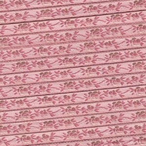 BLOEMEN A-01-i jacquardlint rayonafwerking, 5/16" breed, ZELDZAAM, Made in France, oudroze met bonte roze bloemen en bladeren