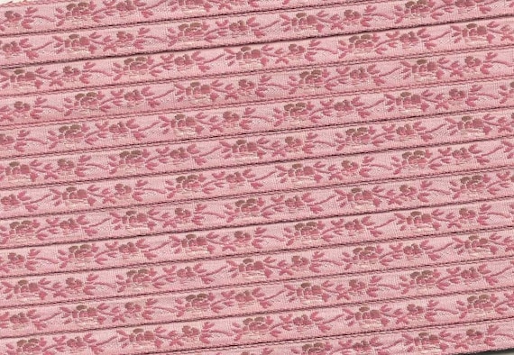 FLORAL A-01-i Jacquard Ribbon Rayon Trim, 5/16" wide, RARE, Made in France, Dusty Rose Pink w/Variegated Pink Flowers & Leaves