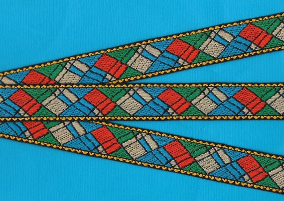 GEOMETRIC E-07-B Jacquard Ribbon Cotton Trim, 1" Wide (25mm) Black w/Gray, Orange, Green & Turquoise "Stained Glass" Pattern, Per Yard