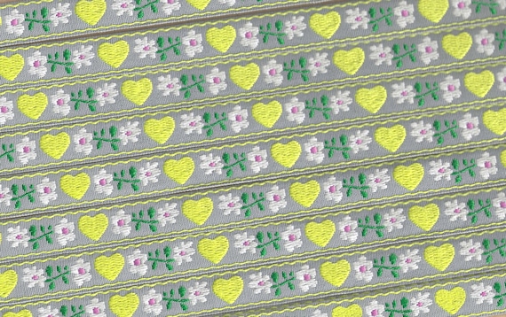 HEARTS/FLOWERS C-02-H Jacquard Ribbon Cotton Trim 5/8" wide (16mm) Made in France, Gray w/Yellow Hearts, White Flowers