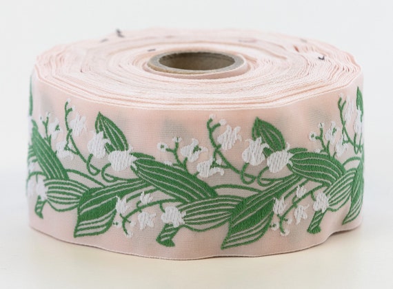 KAFKA H-02/33 Jacquard Ribbon Woven Organic Cotton Trim 1-1/2" wide (38mm) Ballet Pink w/White Lilies of the Valley, Green Leaves