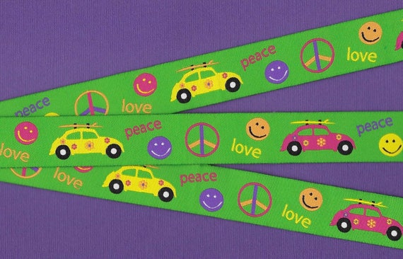 NOVELTY/VEHICLES F-01-A Jacquard Ribbon Poly Trim 1" wide (25mm) Green w/Hippy BoHo Emblems