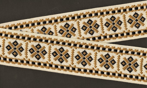 NATIVE AMERICAN K-09-A Jacquard Ribbon Trim Cotton Trim, 2" Wide (50mm) Ivory w/Black & Mustard Gold Borders and Block Design, Per Yard