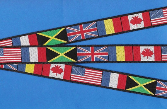 NOVELTY/Flags E-03-A Jacquard Ribbon Poly Trim 7/8" wide (22mm) Black w/France, USA, UK, Canada, France, Jamaica & Chad Flags