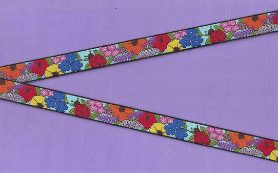 FLORAL C-13-A RDS Jacquard Ribbon Polyester Trim 5/8" Wide (16mm) Arctic Poppies, Lupines, Fireweed, Forget-me-Nots & Sweet Red Ladybugs