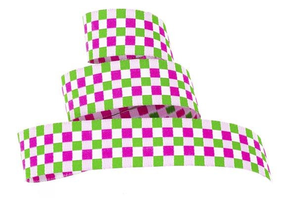 CHECKS E-03-A Jacquard Ribbon Poly Trim 7/8" wide (22mm) Douglas Paquette, Check Gingham Pattern in Lt Pink, Hot Pink & Green