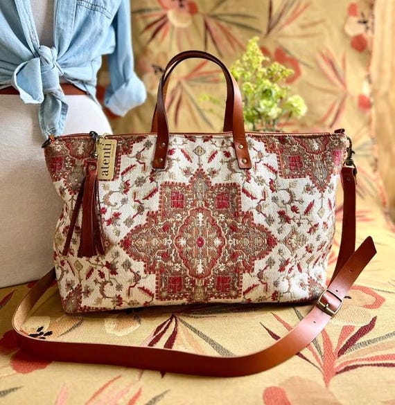 ATENTI Handmade Bags "CASTLE" Tapestry Pattern Floral Bag, Needle Arts Organizer Bag, Carry-On Luggage, Diaper Bag, USA Made