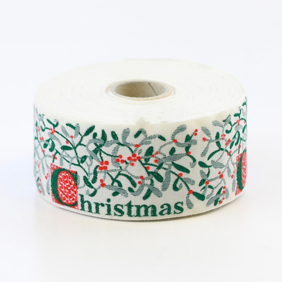 KAFKA H-04/C-14 Jacquard Ribbon Woven Organic Cotton Trim 1-1/2" wide (38mm) Ivory w/Mistletoe & Red Berries, Green Leaves