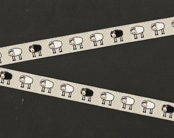 ANIMALS/Farm C-10-A Jacquard Ribbon Poly Trim 5/8" wide (16mm) Made in France, Beige Checkerboard Background w/Black & White Sheep
