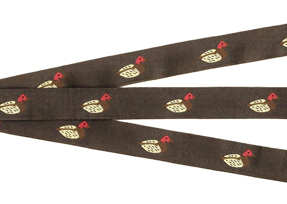 ANIMALS/Birds E-02-A Jacquard Ribbon Poly Trim 7/8" wide (22mm) Brown w/Tan & Red Mallard Ducks