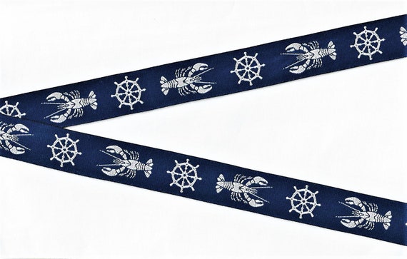 ANIMALS/Water E-10-A Jacquard Ribbon Poly Trim 7/8" Wide (22mm) Navy Background w/White Lobsters & Captain's Wheels, Nautical, Per Yard