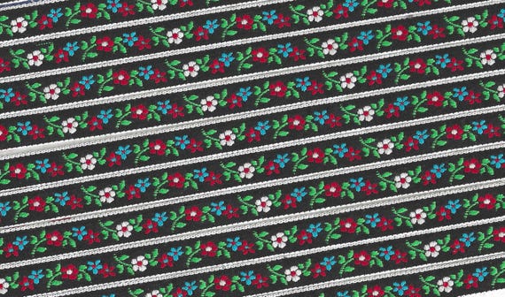 FLORAL B-20-K Jacquard Ribbon Cotton Trim 1/2" wide (13mm) Black w/Red, Turquoise & White Edelweiss