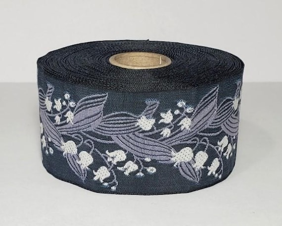 KAFKA H-02/18 Jacquard Ribbon Woven Organic Cotton Trim 1-1/2" wide (38mm) Gray Background, White Lilies of the Valley, Lt Gray Leaves/Stems