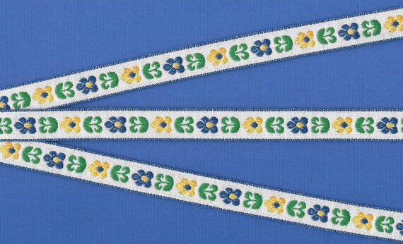 FLORAL C-35-B Jacquard Ribbon Cotton Trim 5/8" wide (16mm) White Linen w/Blue & Yellow Flowers