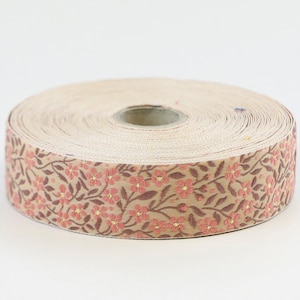 KAFKA F-01/80 Jacquard Ribbon Woven Organic Cotton Trim 1&quot; wide (25mm) Pale Peach w/Dk Peach & Gold Forget-Me-Nots, Brown Leaves