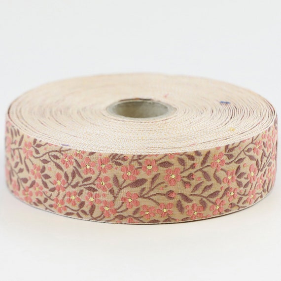 KAFKA F-01/80 Jacquard Ribbon Woven Organic Cotton Trim 1" wide (25mm) Pale Peach w/Dk Peach & Gold Forget-Me-Nots, Brown Leaves