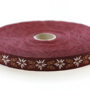 KAFKA C-03/03 Jacquard Ribbon Woven Organic Cotton Trim 5/8&quot; wide (16mm) Burgundy w/White Edelweiss Flowers Brown Accents