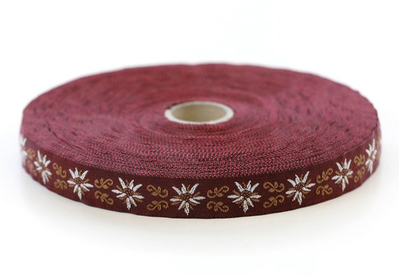 KAFKA C-03/03 Jacquard Ribbon Woven Organic Cotton Trim 5/8" wide (16mm) Burgundy w/White Edelweiss Flowers Brown Accents