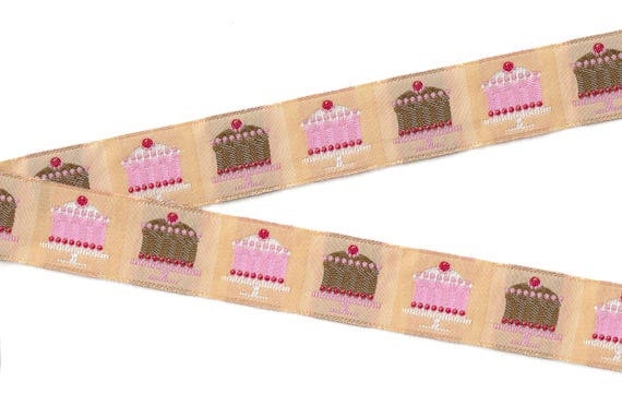 NOVELTY/Food G-02-D Jacquard Ribbon Poly Trim 1-1/8" wide (28mm) LFN Textiles, Party Cakes