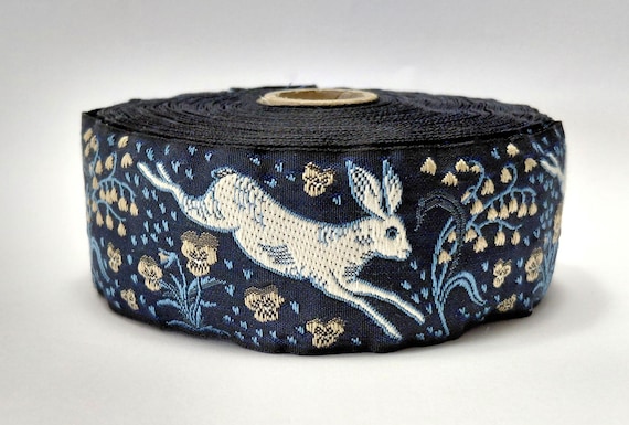 KAFKA H-27-01 Jacquard Ribbon Organic Cotton Trim 1+1/2" wide (38mm) NEW! Navy w/White Jackrabbits