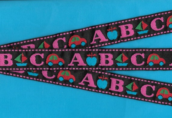 CHILDREN's F-03-H Jacquard Ribbon Cotton Trim, 1" Wide (25mm) Black w/Large ABC Pattern in Pink, Turquoise, Blue & Red