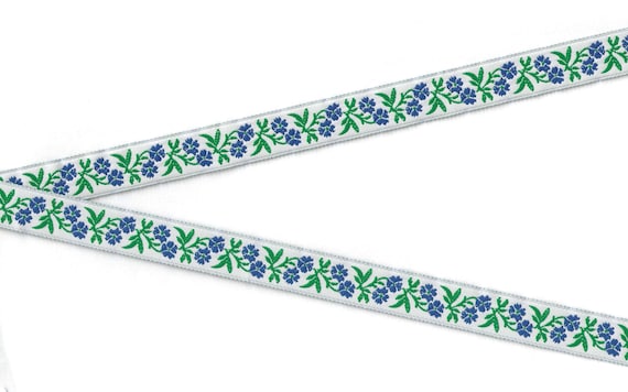 FLORAL C-01-C Jacquard Ribbon Polyester Trim 5/8" wide (16mm) White w/Blue Blossoms