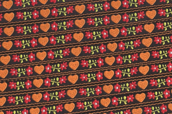 HEARTS/FLOWERS C-02-A Jacquard Ribbon Cotton Trim 5/8" wide (16mm) Made in France, Brown w/Orange Hearts Red Flowers